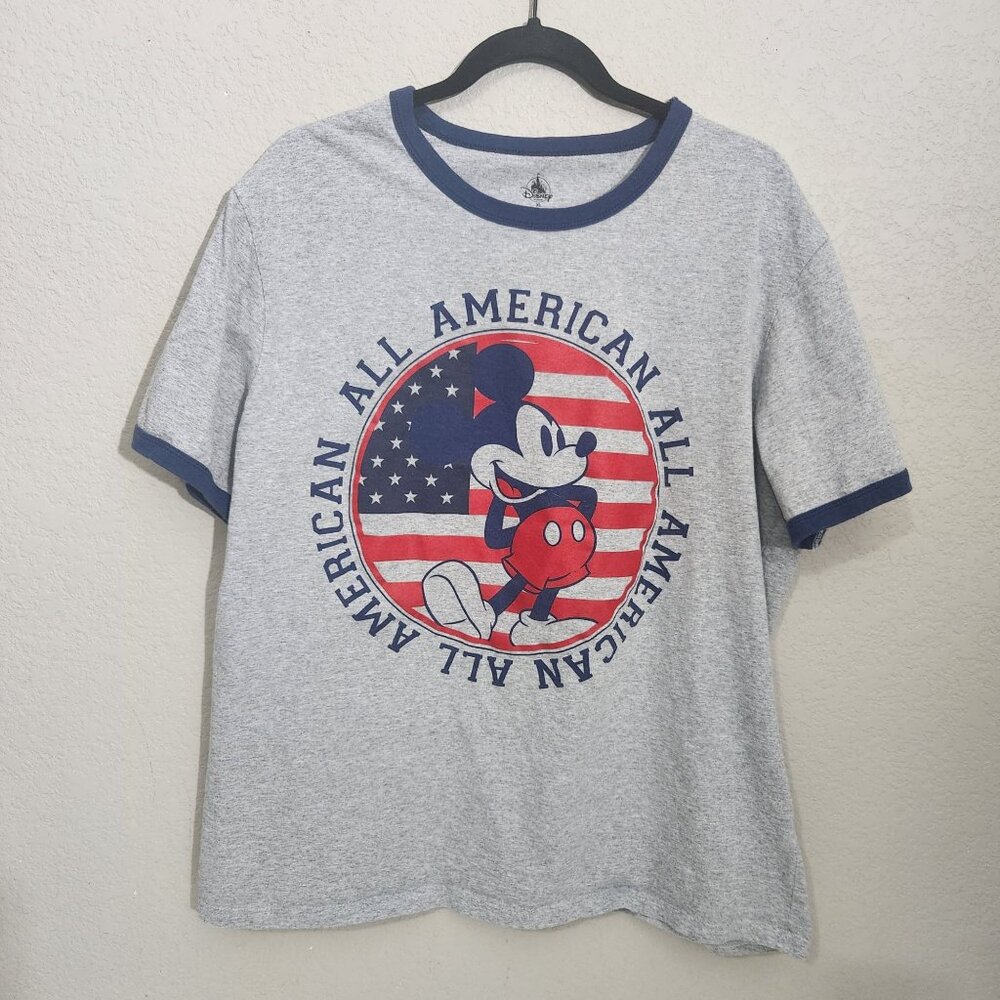 Disney Store XL Mickey Mouse All American Graphic T-Shirt Gray With Blue Ringer